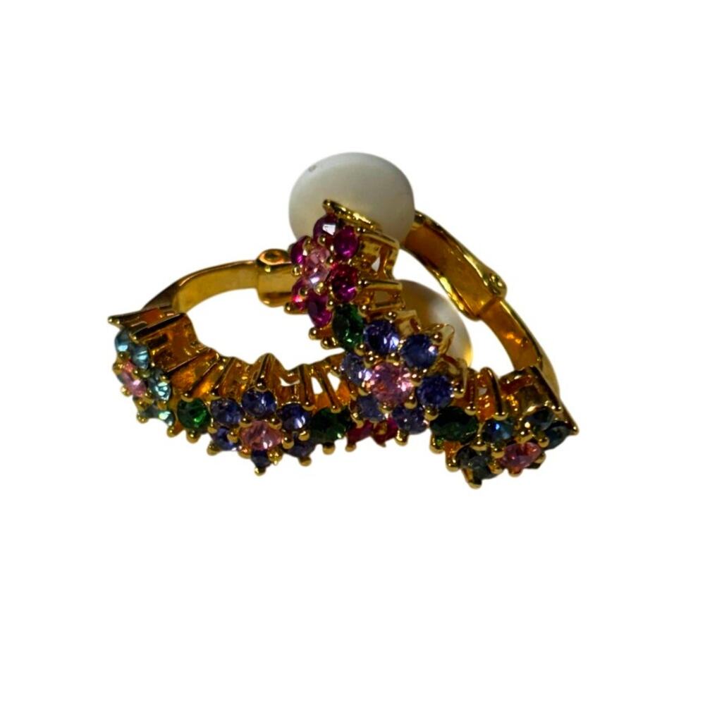 Vintage Joan Rivers Multicolor Stacked Flower Gold Hoop Fashion Clip On Earrings